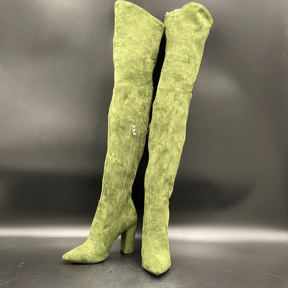 Shoes - Green Women Sexy Suede Stretch Side Zipper Chunky Heel Over The Knee High Boots